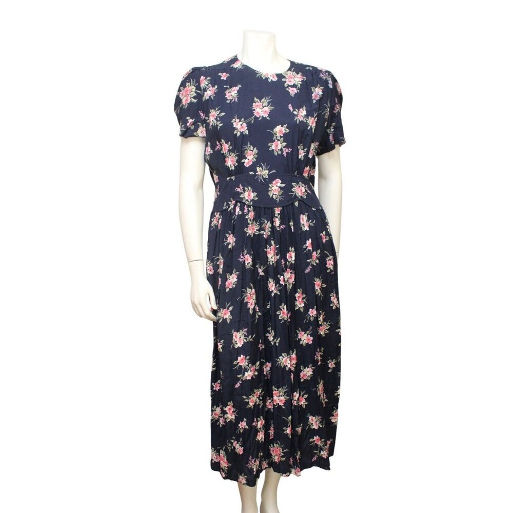 Vintage 90s Worthington Blue Pink Floral Rayon Elastic Waist Midi Dress Size 14